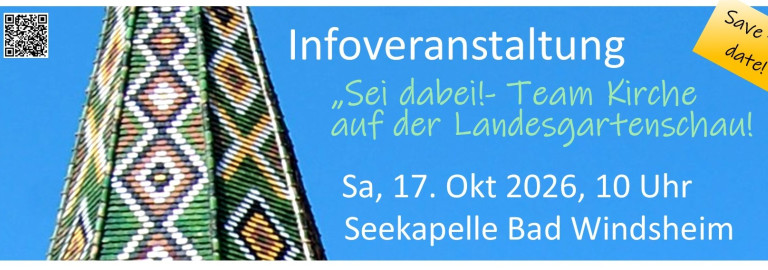 Kirchturm der Seekapelle mit bunten Ziegeln, Text daneben