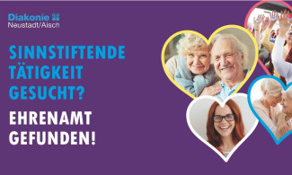 Plakat mit Herzen auf lila Hintergrund, in denen Bilder von Menschen zu sehen sind
