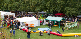 Pavillions und Kinderspielgeräte auf grüner Wiese