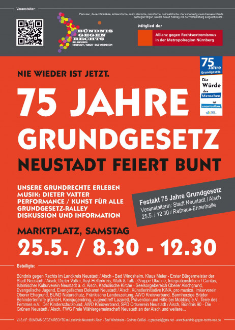 Plakat Kundgebung 75 Jahre Grundgesetzt mit Motto Neustadt feiert bunt